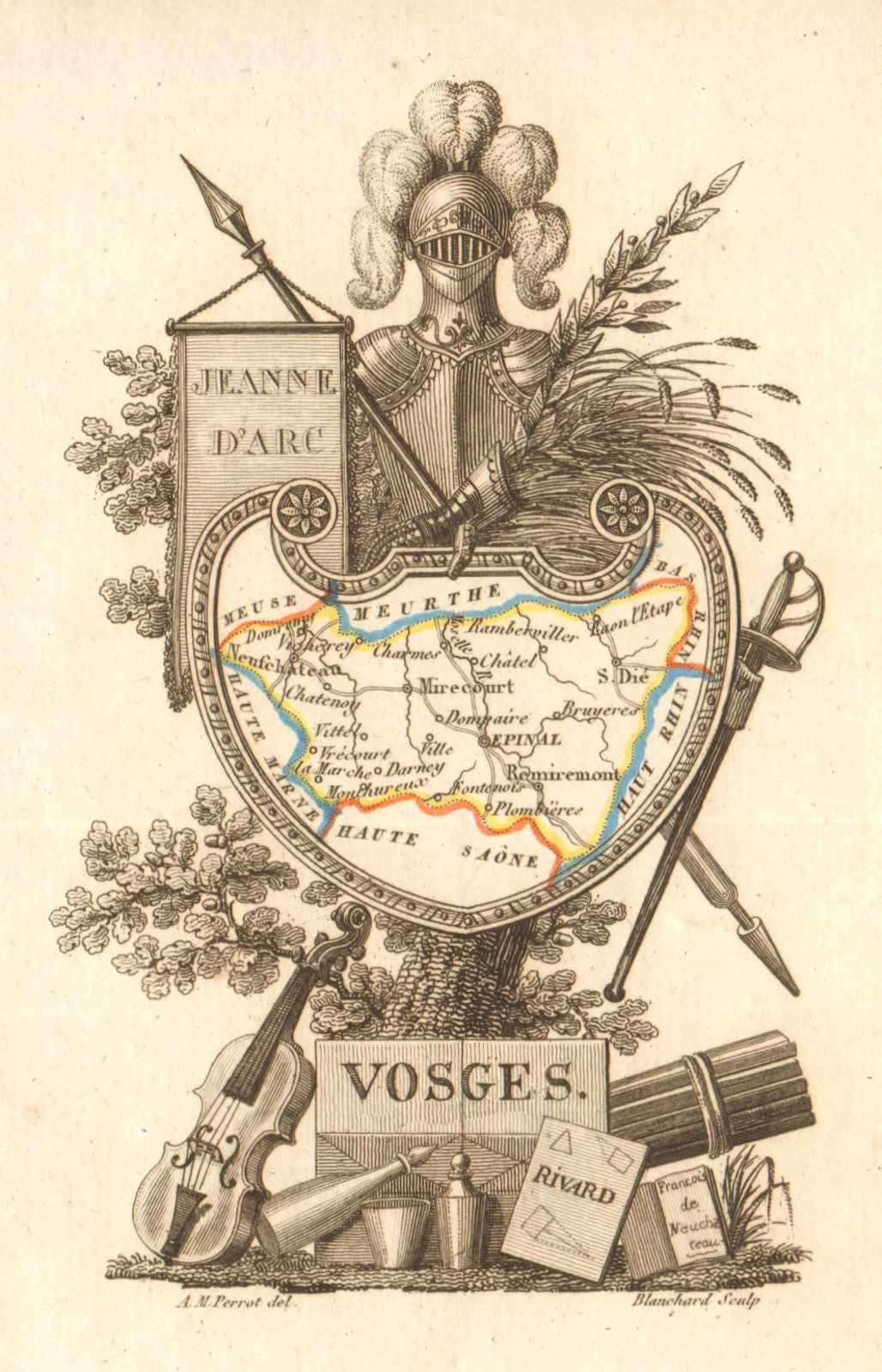 VOSGES département. Scarce antique map/carte by A.M. PERROT 1823 old